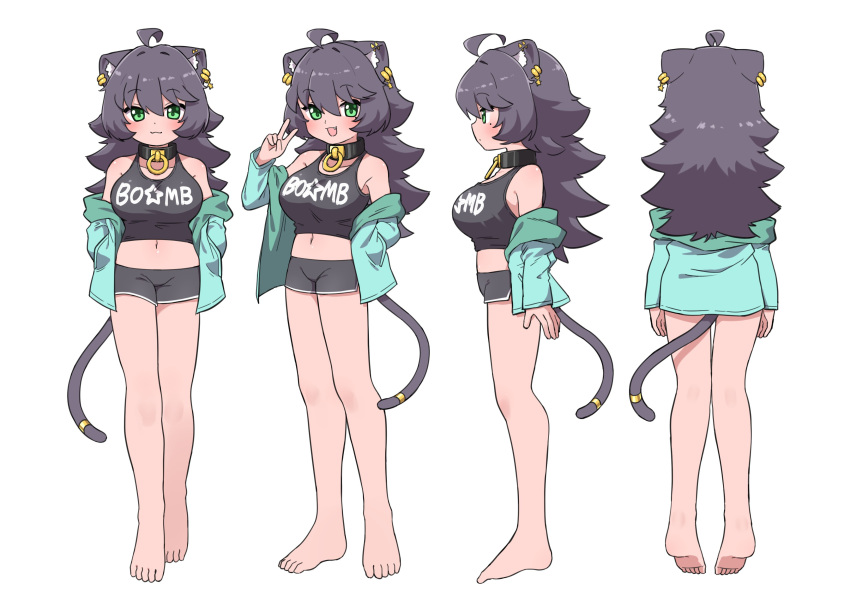 :3 :d absurdres ahoge animal_ear_fluff animal_ears aqua_jacket bare_legs barefoot black_hair breasts cat_ears cat_girl cat_tail clothes_writing collar commentary_request ear_piercing female full_body green_eyes hair_between_eyes hand_in_pocket hands_in_pockets highres jacket large_breasts long_hair long_sleeves looking_at_viewer mole mole_under_eye multiple_views ngetyan oerba_yun_fang off_shoulder open_mouth original piercing ringe_(ngetyan) short_shorts shorts simple_background smile tail tail_ornament tail_ring v white_background