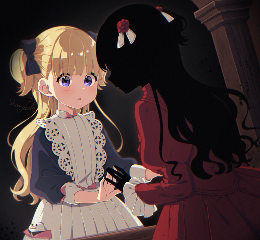 2girls black_bow black_hair black_shirt black_skin blue_eyes blunt_bangs bow colored_skin commentary_request dress emilico_(shadows_house) flower hair_flower hair_ornament hair_ribbon hairbow highres holding_hands juliet_sleeves kate_(shadows_house) living_doll_uniform long_hair long_sleeves mamyouda multiple_girls parted_lips pleated_dress puffy_long_sleeves puffy_sleeves red_dress red_flower red_rose ribbon rose shadow_(shadows_house) shadows_house shirt silhouette two_side_up white_dress white_ribbon