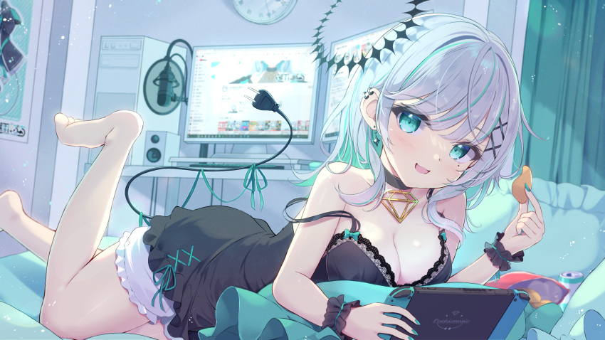 aqua_eyes bare_shoulders barefoot breasts camisole choker cleavage collarbone colored_inner_hair computer dress earrings feet_up female food green_hair grey_hair halo highres indie_virtual_youtuber indoors jewelry kohane_puchi lace-trimmed_dress lace_trim large_breasts light_purple_hair livestream long_hair looking_at_viewer lying mikaze_oto monitor multicolored_hair on_stomach open_mouth playing_games power_cord scrunchie smile strap_slip swept_bangs tail the_pose two-tone_hair virtual_youtuber wrist_scrunchie