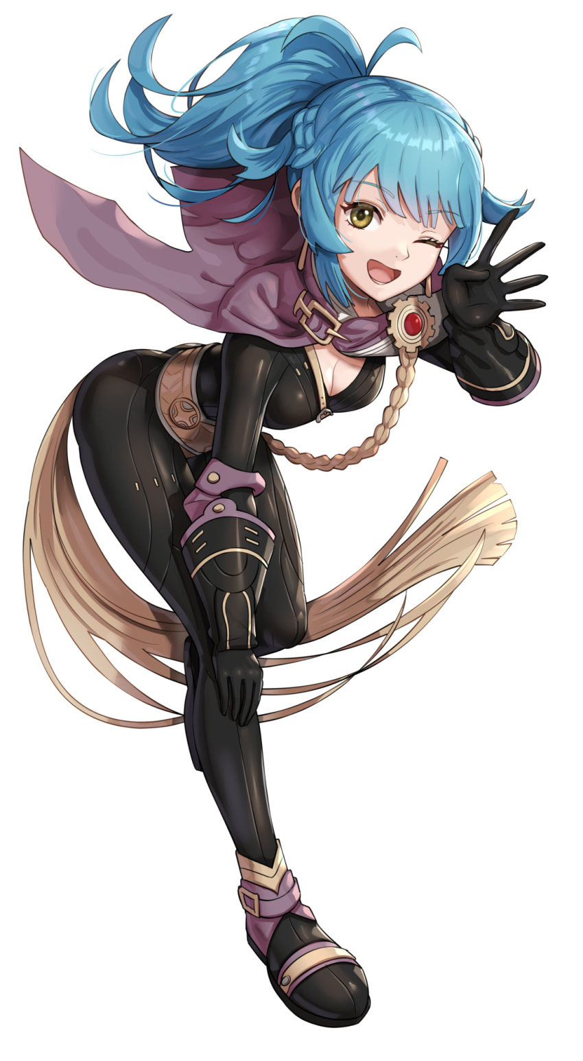 ;d ass belt bent_over black_bodysuit black_gloves blue_eyes blurry blurry_background bodysuit border braid breasts cape cleavage elbow_gloves female fire_emblem fire_emblem_heroes full_body gloves gonzarez hand_on_own_knee highres long_hair looking_at_viewer medium_breasts one_eye_closed open_mouth outside_border ponytail purple_cape reginn_(fire_emblem) simple_background smile solo white_background yellow_eyes