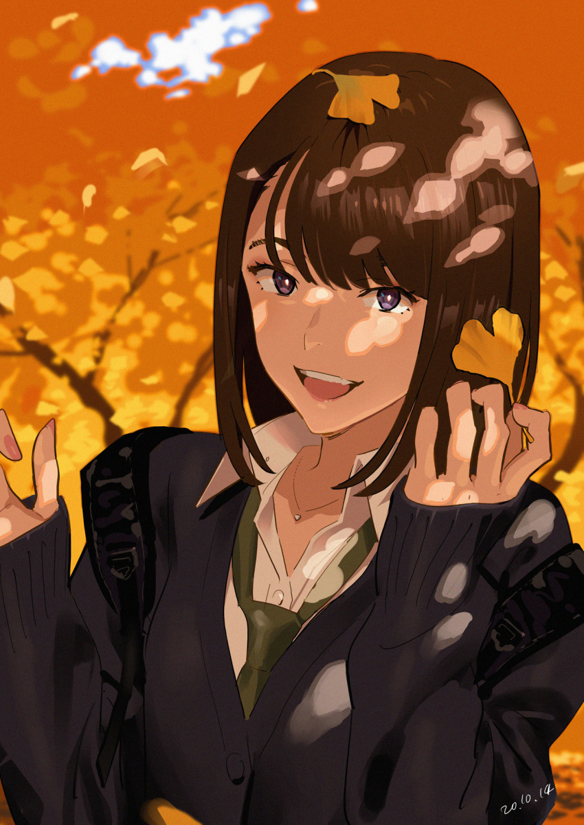 autumn autumn_leaves backpack bag branch brown_hair cardigan commentary_request female highres holding holding_leaf jewelry leaf leaf_on_head looking_at_viewer medium_hair necklace necktie purple_eyes school_uniform shirt smile solo swept_bangs tonari_no_jk_ni_odosarete_iribitararetemasu white_shirt yukiyoshi_mamizu