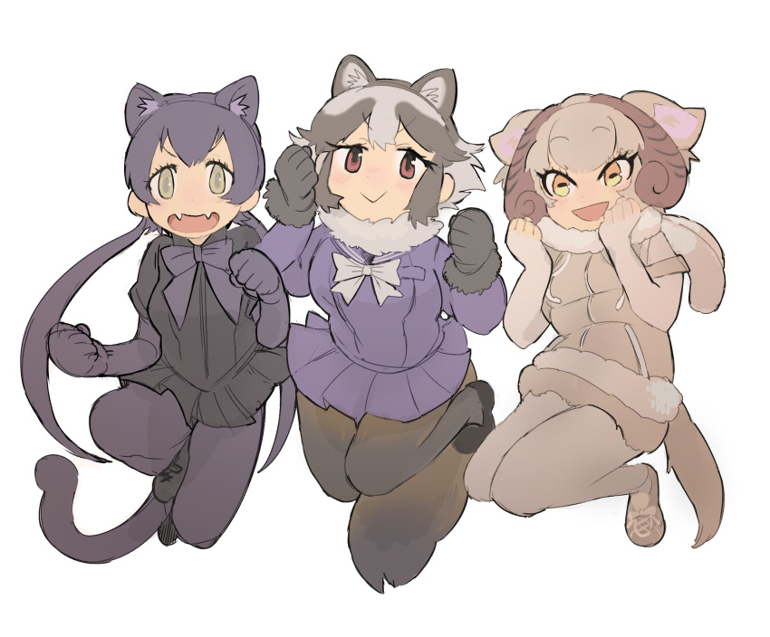 3girls :> :d animal_ears bad_id bad_twitter_id black_leopard_(kemono_friends) blush bow bowtie cat_ears cat_tail elbow_gloves fangs fingerless_gloves fur_collar gloves highres horizontal_pupils horns igarashi_(nogiheta) kemono_friends low_twintails multiple_girls open_mouth pantyhose raccoon_ears raccoon_tail sailor_collar sheep_(kemono_friends) sheep_ears sheep_horns sheep_tail shorts skirt smile tail tanuki_(kemono_friends) twintails v-shaped_eyebrows