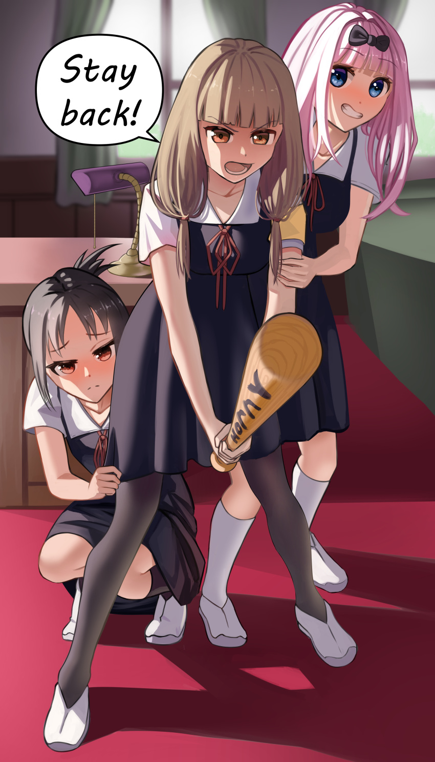 3girls absurdres baseball_bat black_bow black_socks blunt_bangs blush bow breasts brown_hair brown_pantyhose collarbone couch curtains dress english_commentary english_text frown fujiwara_chika grin hairbow highres holding holding_baseball_bat iino_miko indoors kaguya-sama_wa_kokurasetai_~tensai-tachi_no_renai_zunousen~ kneehighs large_breasts long_hair low_twintails lower_teeth_only madaotheory meme multiple_girls neck_ribbon no_horny_(meme) pantyhose pinafore_dress pink_hair protecting red_eyes red_ribbon ribbon school_uniform shinomiya_kaguya shuuchiin_academy_school_uniform sleeveless sleeveless_dress smile socks speech_bubble squatting summer_uniform teeth twintails white_footwear window