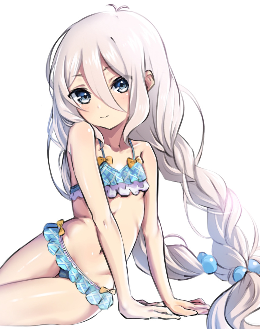 antenna_hair arm_support bikini blue_eyes braid closed_mouth collarbone cowboy_shot female frilled_bikini frills grey_hair hair_between_eyes hair_bobbles hair_ornament highres kokkoro_(princess_connect!) kokkoro_(real)_(princess_connect!) light_smile long_hair looking_at_viewer natopo_uni navel princess_connect! simple_background sitting smile solo split_mouth swimsuit twin_braids very_long_hair white_background yokozuwari