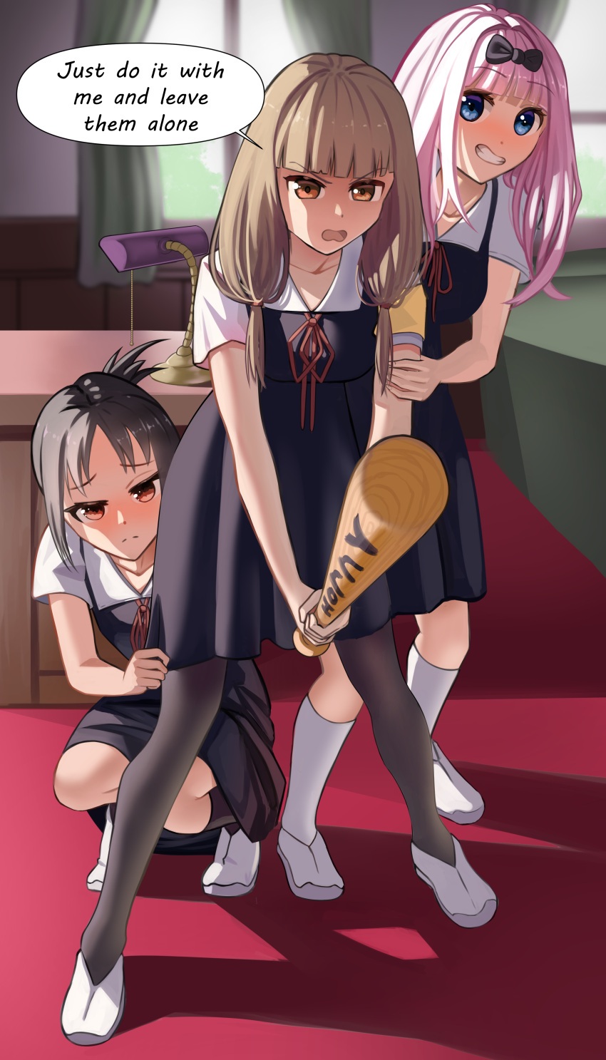 3girls absurdres baseball_bat black_bow black_socks blunt_bangs blush bow breasts brown_hair brown_pantyhose collarbone couch curtains dress english_commentary english_text frown fujiwara_chika grin hairbow highres holding holding_baseball_bat iino_miko indoors kaguya-sama_wa_kokurasetai_~tensai-tachi_no_renai_zunousen~ kneehighs large_breasts long_hair low_twintails madaotheory meme multiple_girls neck_ribbon no_horny_(meme) pantyhose pinafore_dress pink_hair protecting red_eyes red_ribbon ribbon school_uniform shinomiya_kaguya shuuchiin_academy_school_uniform sleeveless sleeveless_dress smile socks speech_bubble squatting summer_uniform teeth twintails white_footwear window