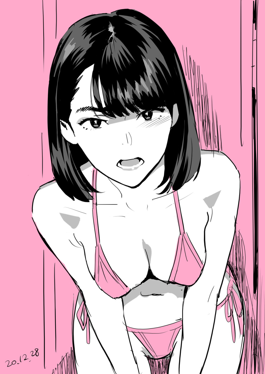 annoyed bikini breasts cleavage commentary_request eyebrows female hair_behind_ear hands_on_own_knees highres leaning_forward looking_at_viewer medium_hair monochrome open_mouth original pink_background pink_bikini simple_background solo standing swept_bangs swimsuit teeth v-shaped_eyebrows yukiyoshi_mamizu