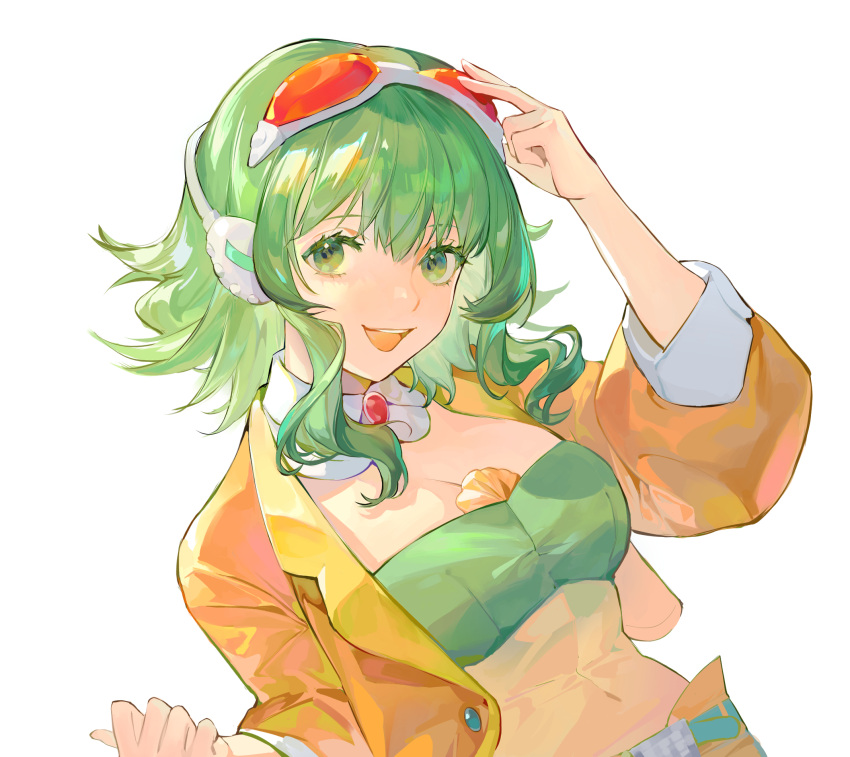 :d arm_up bandeau bingansuan_jiamouren breasts cleavage commentary covered_navel cropped_jacket detached_collar female goggles goggles_on_head green_eyes green_hair gumi gumi_(ai_megpoid) headphones highres jacket long_sleeves looking_at_viewer open_clothes open_jacket open_mouth orange_jacket photoshop_(medium) red-tinted_eyewear simple_background smile solo strapless tinted_eyewear tube_top upper_body vocaloid white_background