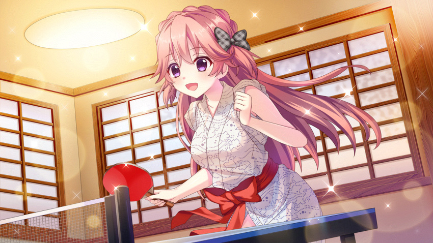 bath_yukata black_bow bow breasts ceiling_light clenched_hand dot_nose dutch_angle female film_grain game_cg haeno_akari hairbow holding holding_paddle indoors izumi_tsubasu japanese_clothes kimono large_breasts lens_flare long_hair non-web_source official_art open_mouth paddle pink_hair plaid plaid_bow playing_sports purple_eyes re:stage! red_bow red_sash sash sleeves_rolled_up smile snowing solo sparkle table table_tennis_net table_tennis_paddle white_kimono window yukata