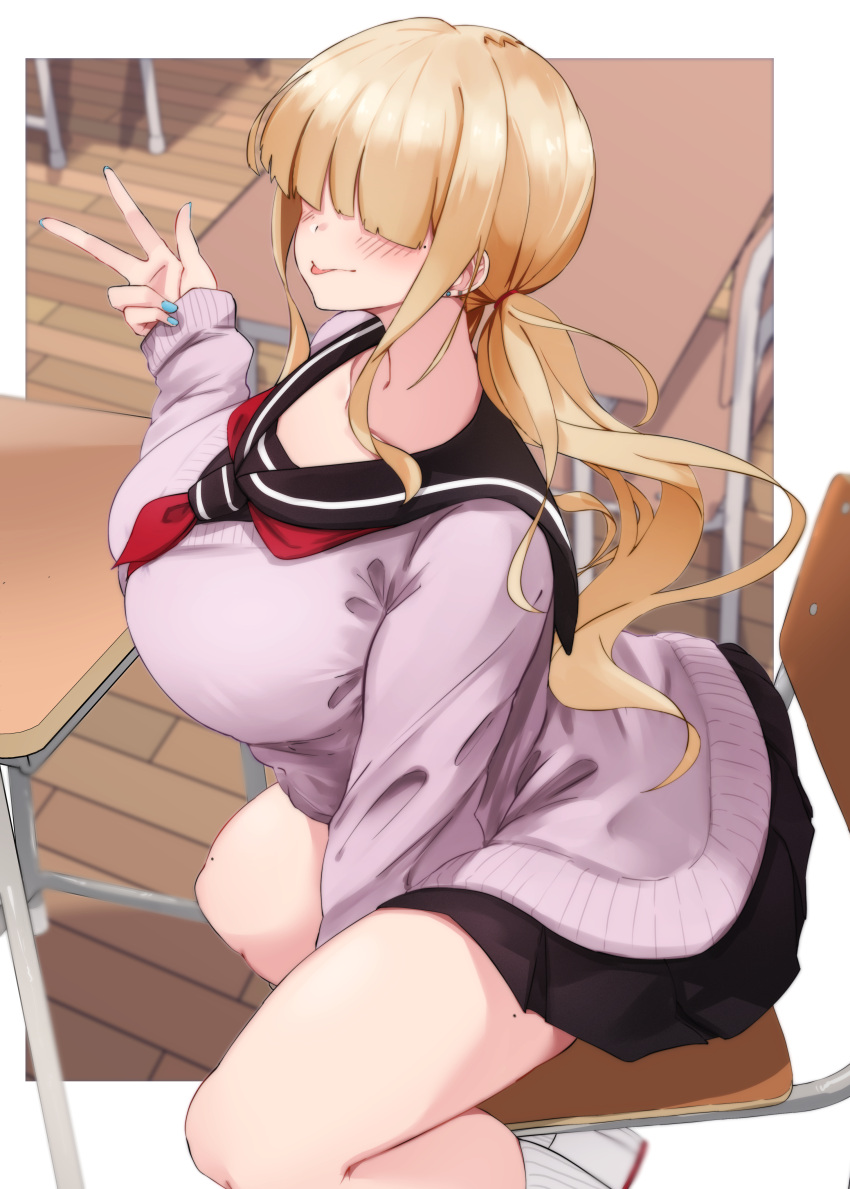 absurdres blonde_hair blush breasts classroom desk female fon_(96nokimihito) hair_over_eyes highres huge_breasts indoors large_breasts mekaku_kyonyuu_gyaru_(96nokimihito) nail_polish original sailor_collar school_uniform sitting skirt solo thighs tongue tongue_out twintails