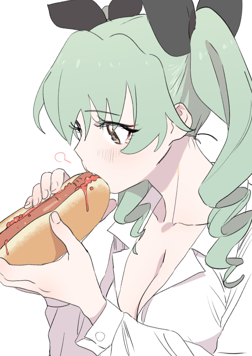 absurdres anchovy_(girls_und_panzer) bangs blush bread breasts brown_eyes cleavage collarbone collared_shirt dorontabi eating eyebrows_visible_through_hair female food from_side girls_und_panzer green_hair hair_between_eyes hair_ribbon highres hot_dog ketchup large_breasts long_hair open_clothes open_shirt ribbon shirt twintails