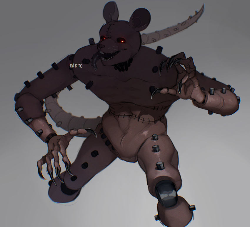 2022 animatronic anthro artist_name brown_body brown_fur buckteeth claws digital_media_(artwork) fazbear_fanverse featureless_crotch fingers five_nights_at_candy's five_nights_at_candy's_3 fur glowing glowing_eyes grey_background hi_res kato200_0 long_tail looking_at_viewer machine male mammal monster_rat_(fnac) murid murine muscular muscular_anthro muscular_male rat red_eyes robot rodent signature simple_background smile solo standing stitch_(sewing) tail teeth tongue tongue_out whiskers