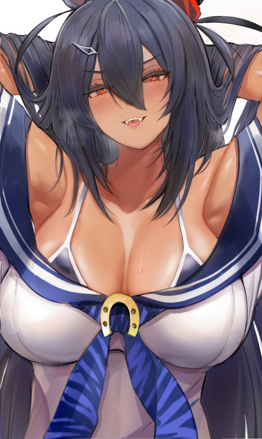 absurdres animal_ears armpits arms_behind_head bare_shoulders bikini black_bikini black_hair blue_neckerchief blush breasts cleavage collarbone commentary_request dark-skinned_female dark_skin female hair_between_eyes hair_ornament hairclip highres hishi_amazon_(umamusume) horse_ears horse_girl inaba_(usanopo) large_breasts long_hair neckerchief red_eyes simple_background smile solo sweat swimsuit tan tanlines teeth umamusume upper_body white_background