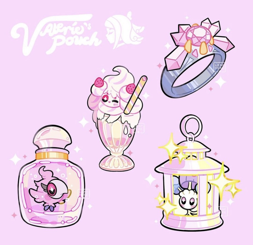 alcremie alcremie_(strawberry_sweet) artist_name bottle commentary diancie drinking_straw english_commentary gem glass jewelry lantern leaphere morelull pink_background pokemon pokemon_(creature) pokemon_xy ring simple_background sparkle spritzee themed_object valerie_(pokemon) watermark