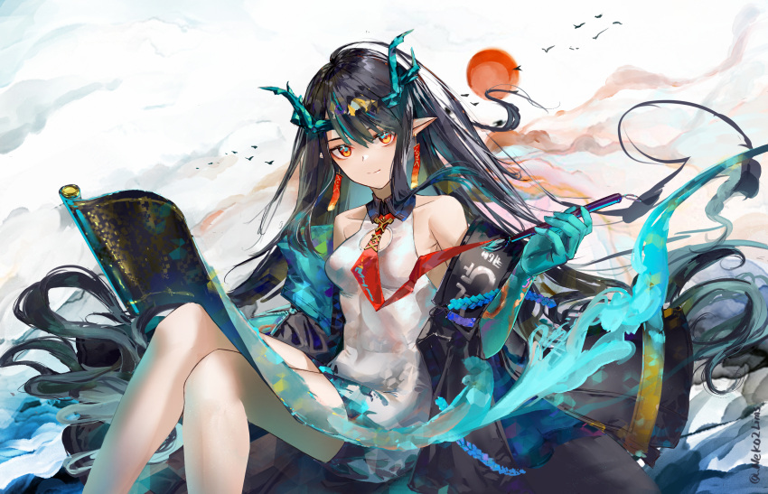 aqua_fire aqua_hair arknights bare_legs bare_shoulders bird black_hair black_jacket breasts calligraphy_brush closed_mouth commentary covered_navel dress dusk_(arknights) earrings feet_out_of_frame female fire gradient_hair highres holding holding_brush horns invisible_chair jacket jewelry lims_(neko2lims) long_hair long_sleeves looking_at_viewer makeup mascara multicolored_hair necktie off_shoulder paintbrush pointy_ears red_eyes red_necktie scroll sitting small_breasts smile solo sun twitter_username very_long_hair white_dress