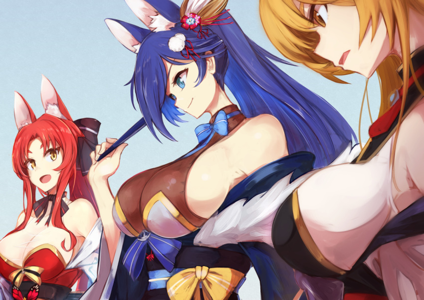 3girls animal_ear_fluff animal_ears azur_lane blonde_hair blue_background blue_eyes blue_hair breasts cleavage commentary_request folded_fan folding_fan fox_ears hair_ornament hand_fan holding holding_fan jintsuu_(azur_lane) jintsuu_(retrofit)_(azur_lane) large_breasts long_hair marshall_k multiple_girls naka_(azur_lane) obi open_mouth ponytail profile red_hair sash sendai_(azur_lane) sideboob simple_background smile upper_body yellow_eyes