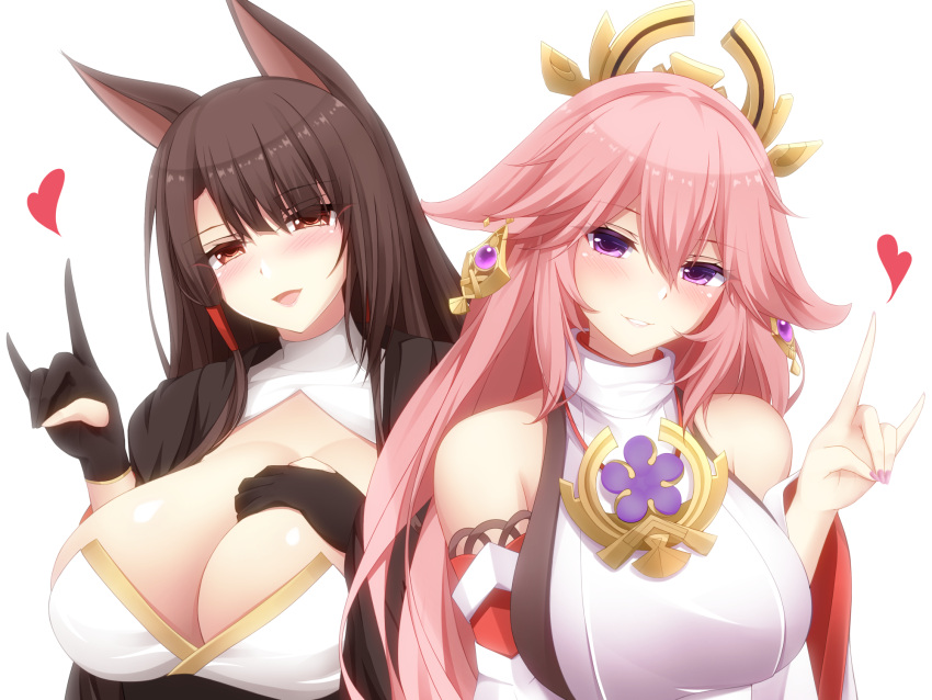 2girls akagi_(azur_lane) animal_ears azur_lane breasts crossover fox_ears fox_girl fox_shadow_puppet genshin_impact heart highres large_breasts looking_at_viewer momijizuki_luna multiple_girls pink_hair simple_background trait_connection upper_body white_background yae_miko