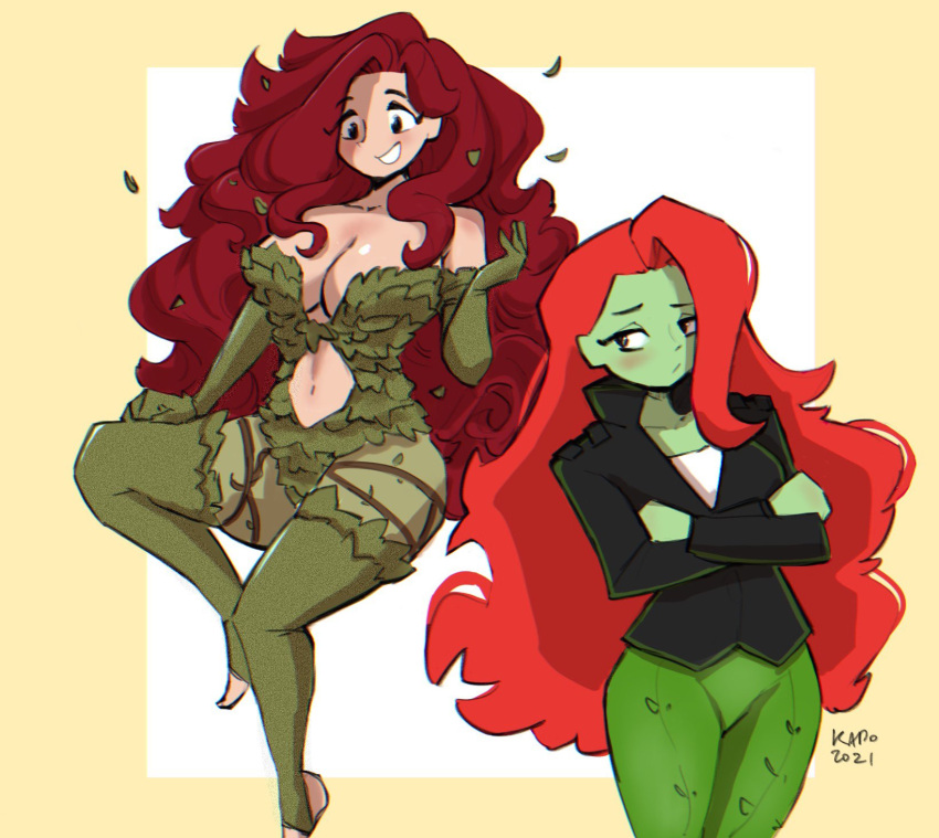 2021 2d 2girls batman_(series) breasts dc green-skinned_female green_skin harley_quinn_(series) kap_o light-skinned_female light_skin pamela_isley poison_ivy red_hair square_crossover tagme thick thick_thighs