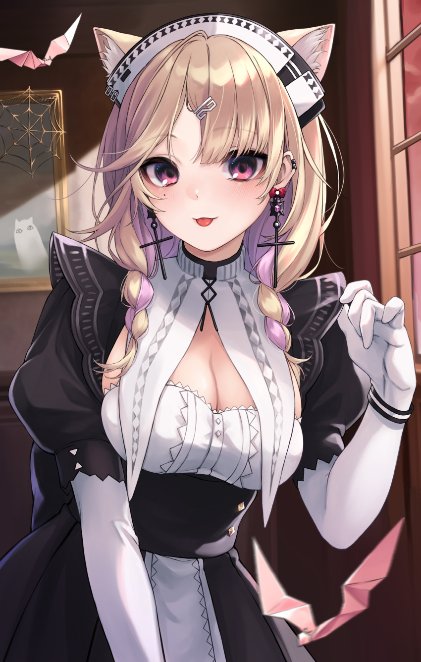 animal_ears arknights black_dress blonde_hair braid breasts cat_ears cat_girl cleavage dress earclip earrings elbow_gloves extra_ears female gloves highres indoors jewelry kazemaru_(arknights) kazemaru_(like_illusion)_(arknights) long_hair maid maid_headdress medium_breasts multicolored_hair nameko_houshi official_alternate_costume picture_frame pink_eyes pink_hair solo streaked_hair tongue tongue_out twin_braids upper_body white_gloves window