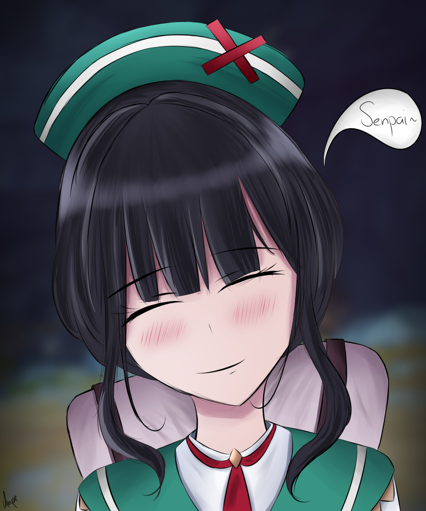 absurdres abysssian black_hair blurry blush closed_eyes depth_of_field english_commentary english_text facing_viewer female genshin_impact green_headwear green_shirt highres necktie red_necktie shirt signature smile speech_bubble zhiqiong_(genshin_impact)