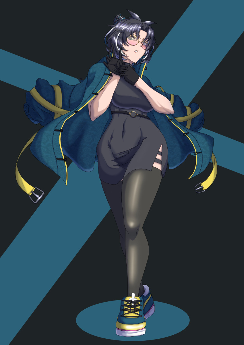 absurdres adjusting_clothes adjusting_gloves aoi_yuu_(komeda_yuu) black_dress black_gloves black_hair black_thighhighs blue_footwear blue_hair blue_jacket breasts cone_hair_bun covered_navel double_bun dress expressionless female full_body glasses gloves hair_bun highres jacket jacket_on_shoulders looking_at_viewer medium_bangs medium_breasts multicolored_hair nanashi_inc. oura_rukako oura_rukako_(2nd_costume) parted_bangs parted_lips pink-tinted_eyewear round_eyewear shoes short_hair sneakers solo streaked_hair sunglasses thighhighs tinted_eyewear virtual_youtuber walking white_hair