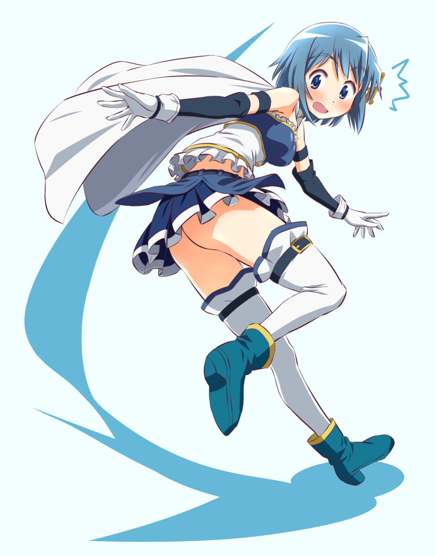 ^^^ ankle_boots aqua_background ass bare_shoulders belt blue_eyes blue_footwear blue_hair blue_skirt blush boots breasts cape commentary_request d: detached_sleeves dot_nose embarrassed female floating_hair fortissimo frills full_body gloves hair_between_eyes hair_ornament hairclip highres inoue_kouji leg_up looking_back looking_down magical_girl mahou_shoujo_madoka_magica mahou_shoujo_madoka_magica_(anime) medium_breasts miki_sayaka miki_sayaka_(magical_girl) musical_note musical_note_hair_ornament open_mouth outstretched_arms pleated_skirt shaded_face shoe_soles short_hair simple_background skirt solo standing standing_on_one_leg strapless surprised thighhighs thighs white_cape white_gloves white_thighhighs wide-eyed zettai_ryouiki