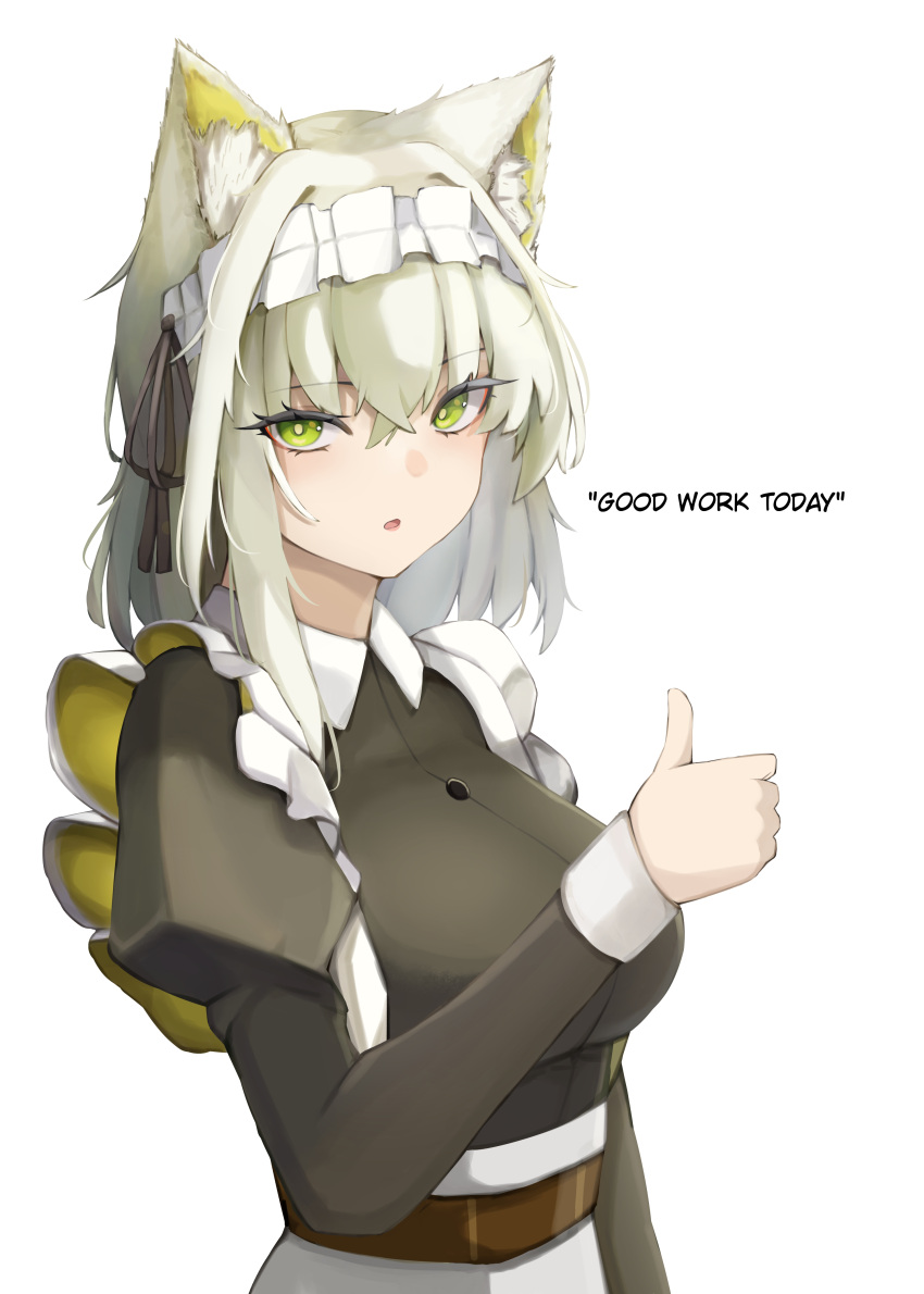 absurdres animal_ear_fluff animal_ears arknights asymmetrical_hair breasts cat_ears cat_girl closed_mouth english_text female green_eyes green_hair highres kal'tsit_(arknights) long_hair maid maid_headdress medium_breasts official_alternate_costume simple_background solo talking thumbs_up white_background yuu_azma