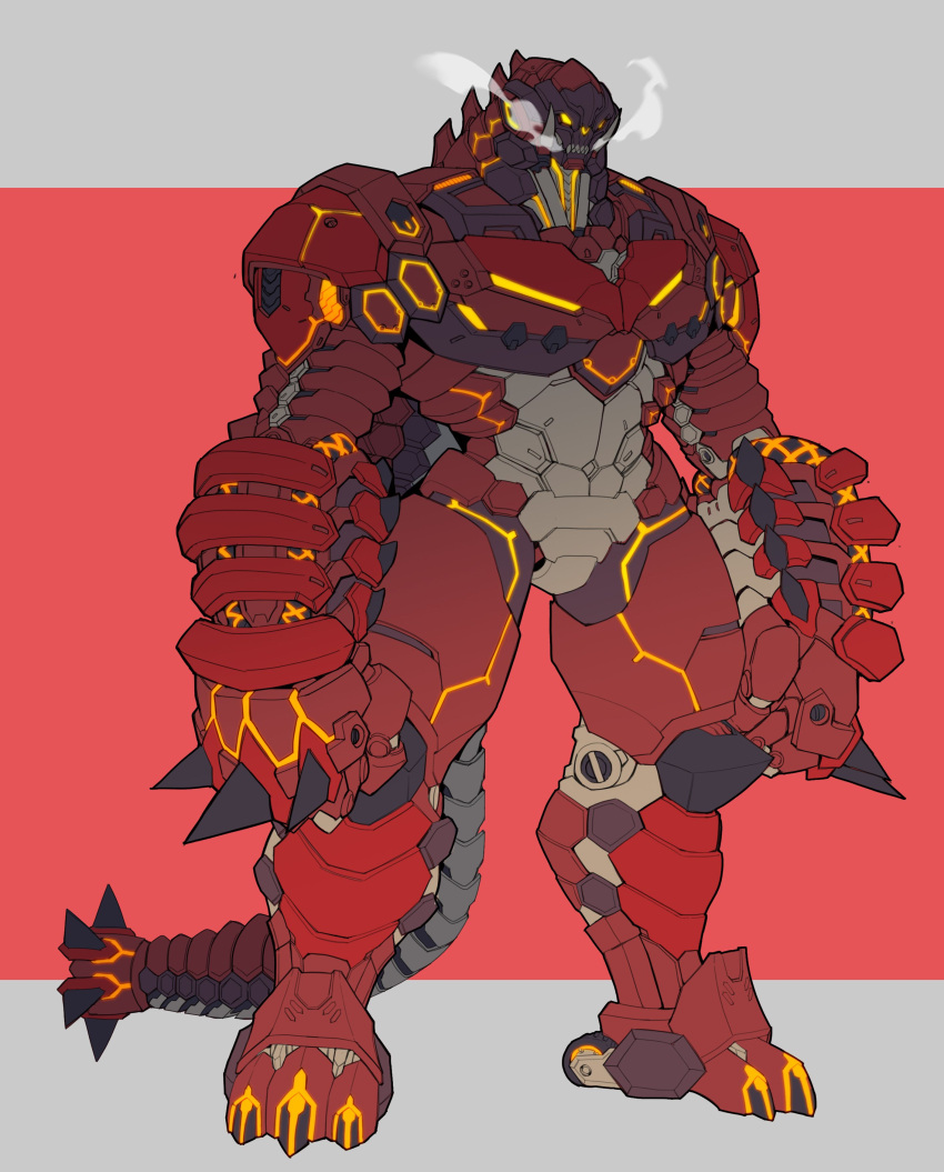 1boy absurdres armor breastplate catball1994 clawed_boots clenched_hands clenched_teeth commentary_request ex_red_king full_armor highres kaijuu knee_spikes male_focus mask mecha mechanization monster muscular muscular_male neon_lights neon_trim orange_eyes original pectorals power_armor power_fist red_armor red_king_(ultra_series) redesign robot sharp_teeth shoulder_armor skull_mask solo spiked_gauntlets spiked_knuckles spiked_tail spikes spines steam steam_from_mouth tail teeth tokusatsu tusks ultra_series ultraman_(1st_series) wheel