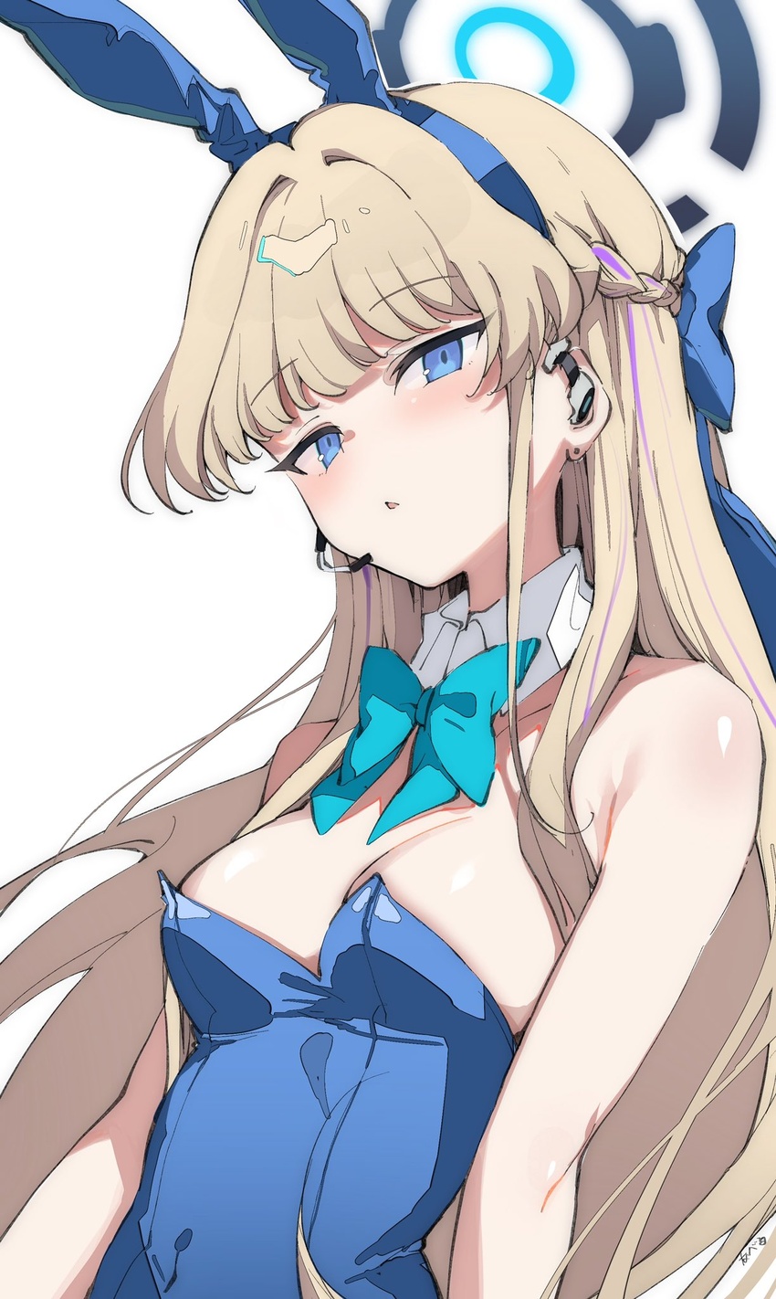 animal_ears bad_id bad_twitter_id bare_shoulders blonde_hair blue_archive blue_bow blue_bowtie blue_eyes blue_halo blue_leotard blue_ribbon bow bowtie breasts detached_collar earpiece fake_animal_ears female hair_ribbon halo highres leotard long_hair looking_at_viewer medium_breasts official_alternate_costume playboy_bunny rabbit_ears ribbon solo strapless strapless_leotard toki_(blue_archive) toki_(bunny)_(blue_archive) white_background youguo_naberu