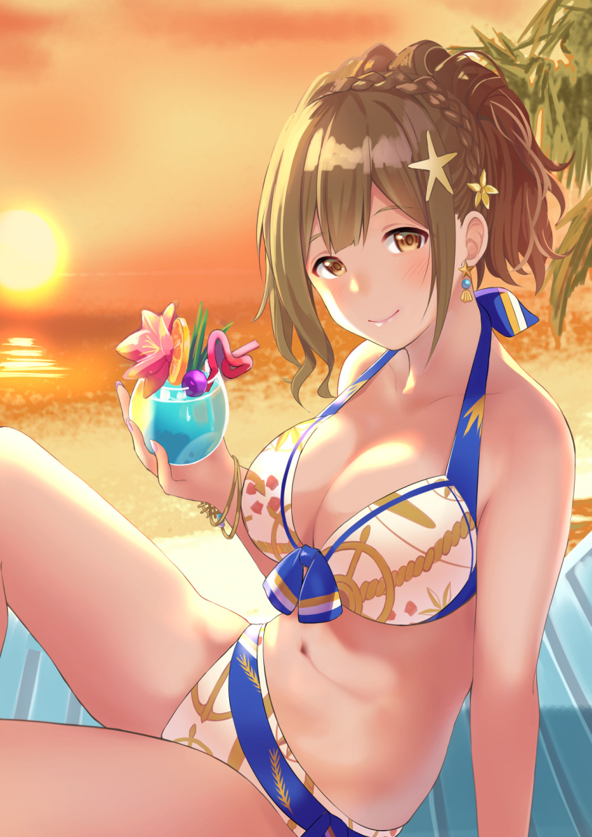 arm_support bare_shoulders beach bikini blue_bikini blush braid breasts brown_eyes brown_hair chair cleavage closed_mouth collarbone cup drink drinking_straw earrings female flower food front-tie_bikini_top front-tie_top fruit hair_ornament highres holding holding_cup idolmaster idolmaster_shiny_colors jewelry knee_up koukoku kuwayama_chiyuki large_breasts long_hair looking_at_viewer lounge_chair navel ocean orange_(fruit) orange_sky outdoors palm_tree pink_nails print_bikini red_flower sitting sky smile solo star_(symbol) star_earrings star_hair_ornament swimsuit tree tropical_drink twilight