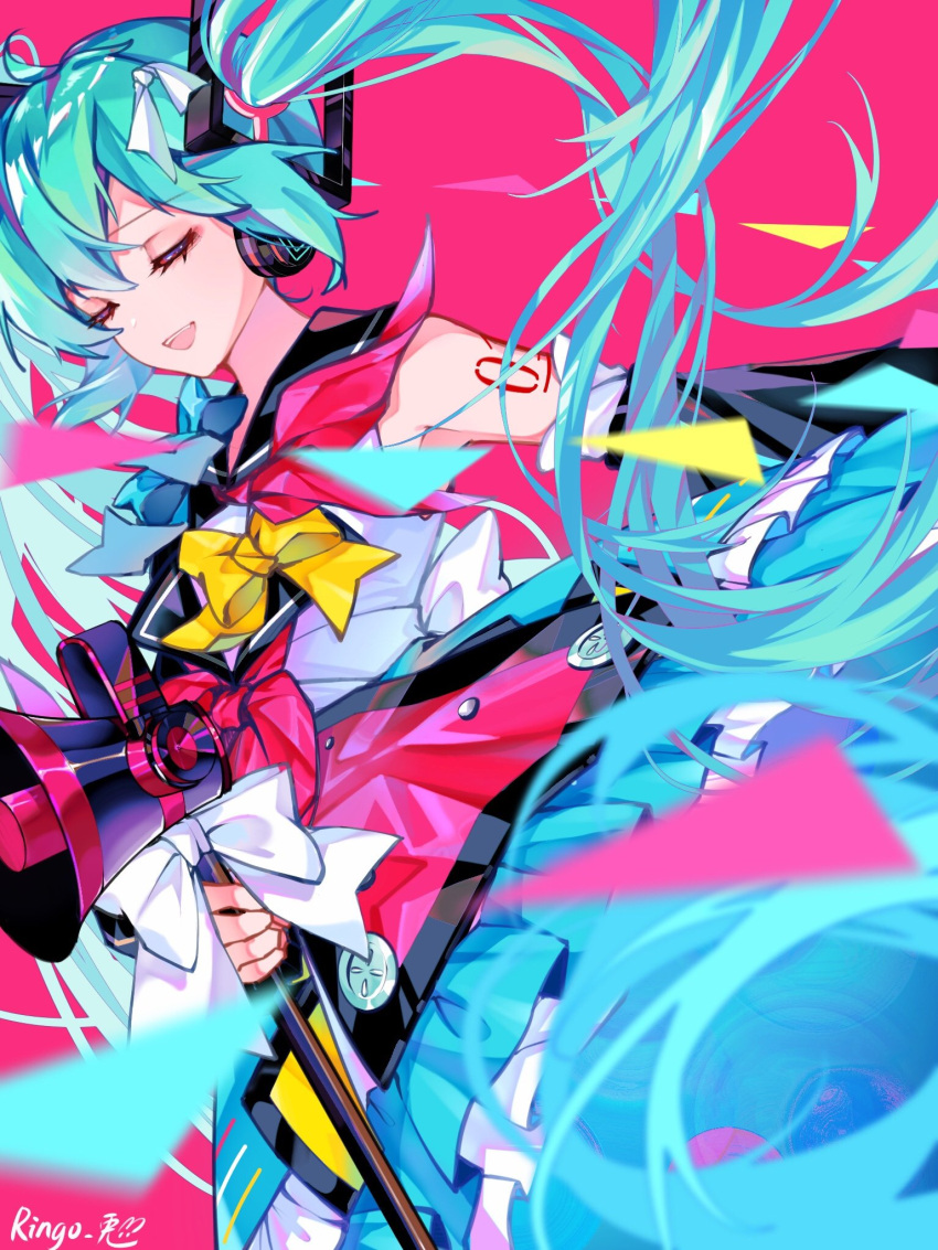 :d absurdly_long_hair aqua_dress aqua_hair artist_name bare_shoulders blurry blurry_foreground bow buttons closed_eyes commentary confetti detached_sleeves dress dutch_angle female frilled_dress frills hair_between_eyes hair_ornament hair_ribbon hatsune_miku headphones highres holding long_hair long_sleeves magical_mirai_(vocaloid) magical_mirai_miku magical_mirai_miku_(2018) microphone multicolored_hair number_tattoo open_mouth pink_background purple_hair ribbon ringo_no_usagi_(artist) simple_background smile solo streaked_hair tattoo teeth thick_eyelashes twintails upper_teeth_only very_long_hair vocaloid white_bow white_ribbon wide_sleeves yellow_bow