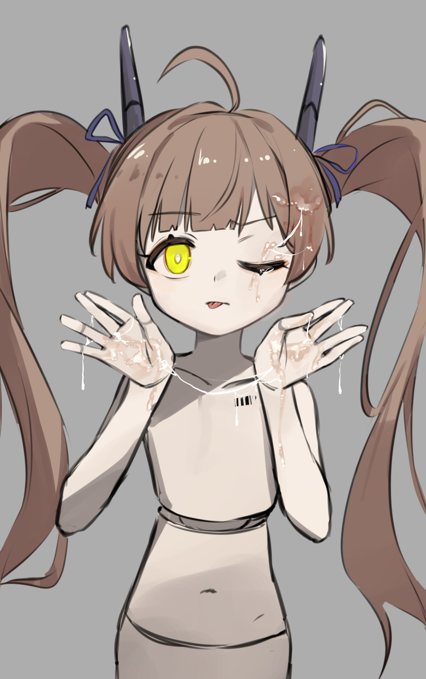 absurdres ahoge android antennae barcode blue_ribbon collarbone commentary cum cum_in_eye cum_on_hair cum_on_hands expressionless female flat_chest grey_background hair_ribbon hakozaki_serika hands_up highres idolmaster idolmaster_million_live! joints kouki_(chancegak) long_hair looking_at_viewer navel no_nipples nude one_eye_closed ribbon solo tongue twintails yellow_eyes