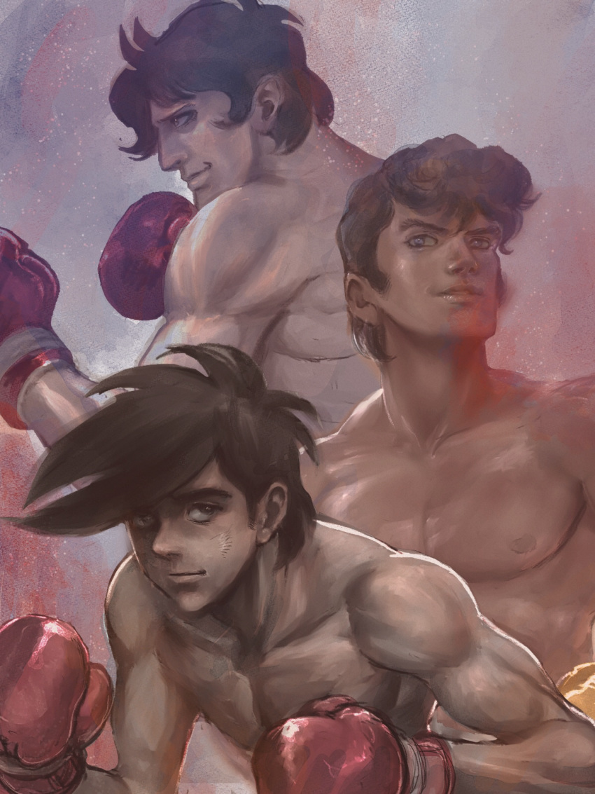 3boys ashita_no_joe black_eyes black_hair boxing boxing_gloves brown_hair carlos_rivera fighting_stance highres male_focus multiple_boys nukazuke pectorals rikiishi_tooru sideburns smile toned toned_male upper_body yabuki_jou