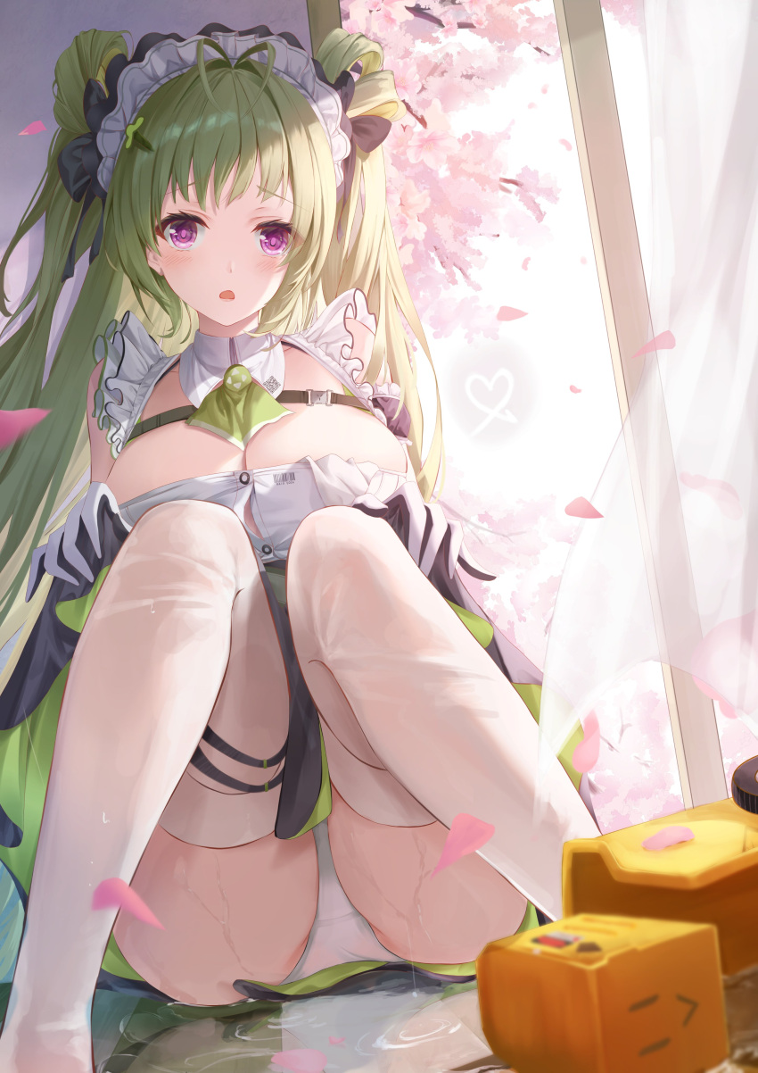 absurdres antenna_hair apron blush breasts cleavage double_bun female finale goddess_of_victory:_nikke green_hair grey_hair hair_bun highres large_breasts long_hair maid maid_headdress on_floor panties pantyshot purple_eyes sitting smile soda_(nikke) solo standing thighhighs thighs two-tone_gloves underwear water wet white_apron white_headwear white_panties white_thighhighs