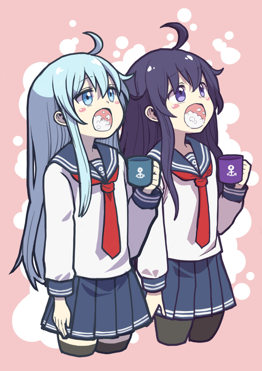 2girls absurdres akatsuki_(kancolle) anchor_symbol black_pantyhose black_sailor_collar black_skirt black_thighhighs blue_eyes blush_stickers commission cropped_legs cup gargling grey_hair hair_between_eyes hibiki_(kancolle) highres holding holding_cup kantai_collection long_hair long_sleeves multiple_girls neckerchief open_mouth pantyhose pixiv_commission pleated_skirt purple_eyes purple_hair red_neckerchief sailor_collar school_uniform serafuku skirt thighhighs unagiman