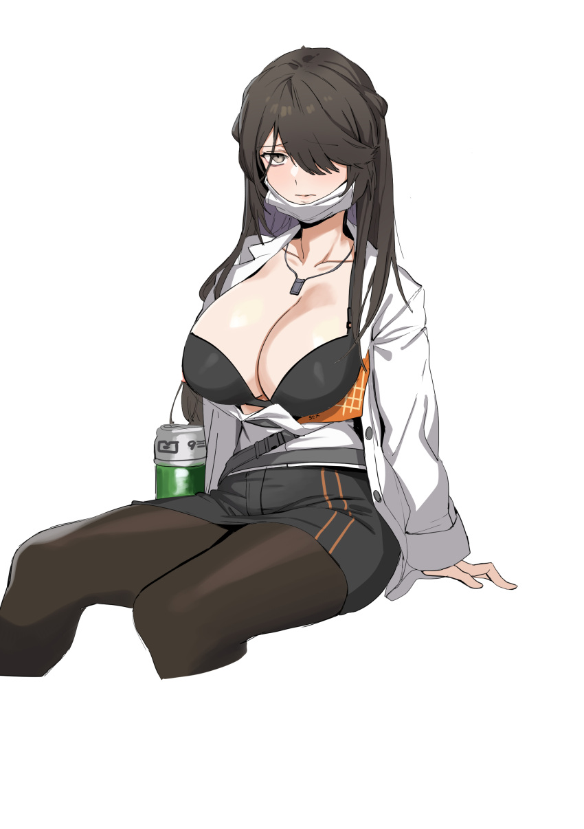 absurdres banssee black_hair black_pantyhose black_skirt bra breasts cleavage closed_mouth collapse_fluid_(girls'_frontline) collarbone cropped_legs female girls'_frontline hair_over_one_eye highres invisible_chair large_breasts leone_(girls'_frontline) long_hair long_sleeves looking_at_viewer mask mask_pull mouth_mask open_clothes pantyhose simple_background sitting skirt solo surgical_mask underwear white_background