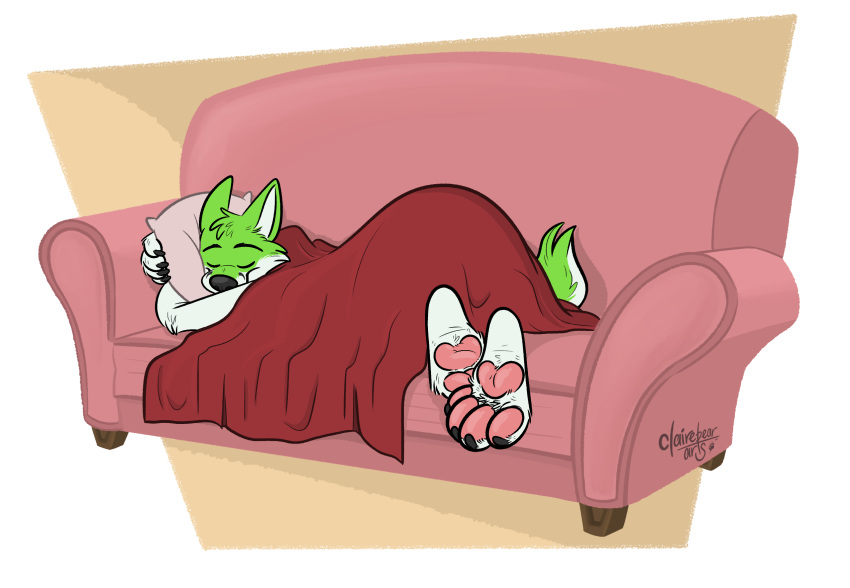 anthro ass_up black_nose brown_background canid canine claws closed_eyes fidget_the_fox fox fur furniture green_body green_fur hi_res hug hugging_object hugging_pillow male mammal pawpads pillow pillow_grab pink_pawpads pink_paws pink_sofa red_blanket signature simple_background sleeping sofa solo strawbear tired white_background white_body white_fur