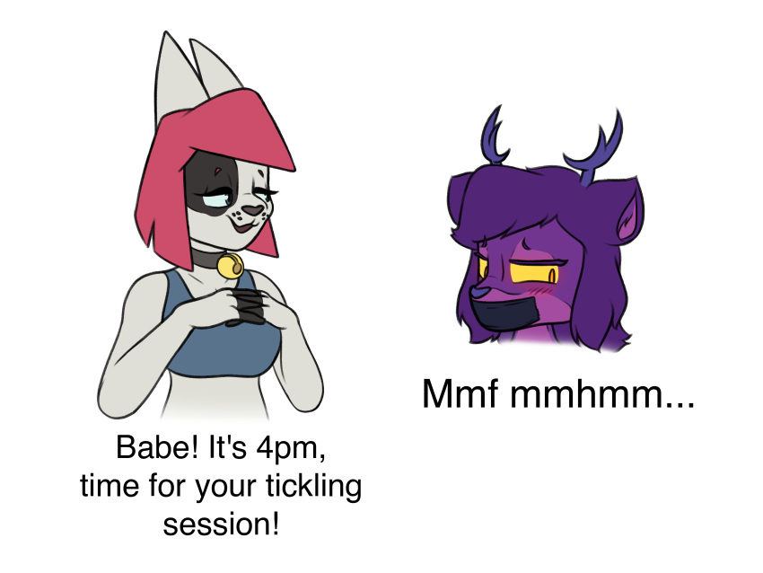 4:3 absurd_res anthro bell bell_collar blush blush_lines canid canine clothing collar deer dick_flattening duo english_text female fur gag gagged gagged_talk hair haitbe hatie hi_res humanoid interlocked_fingers male mammal meme moczi purple_body purple_fur purple_hair red_hair shirt tank_top tape tape_gag text tickle_fetish topwear white_body white_fur