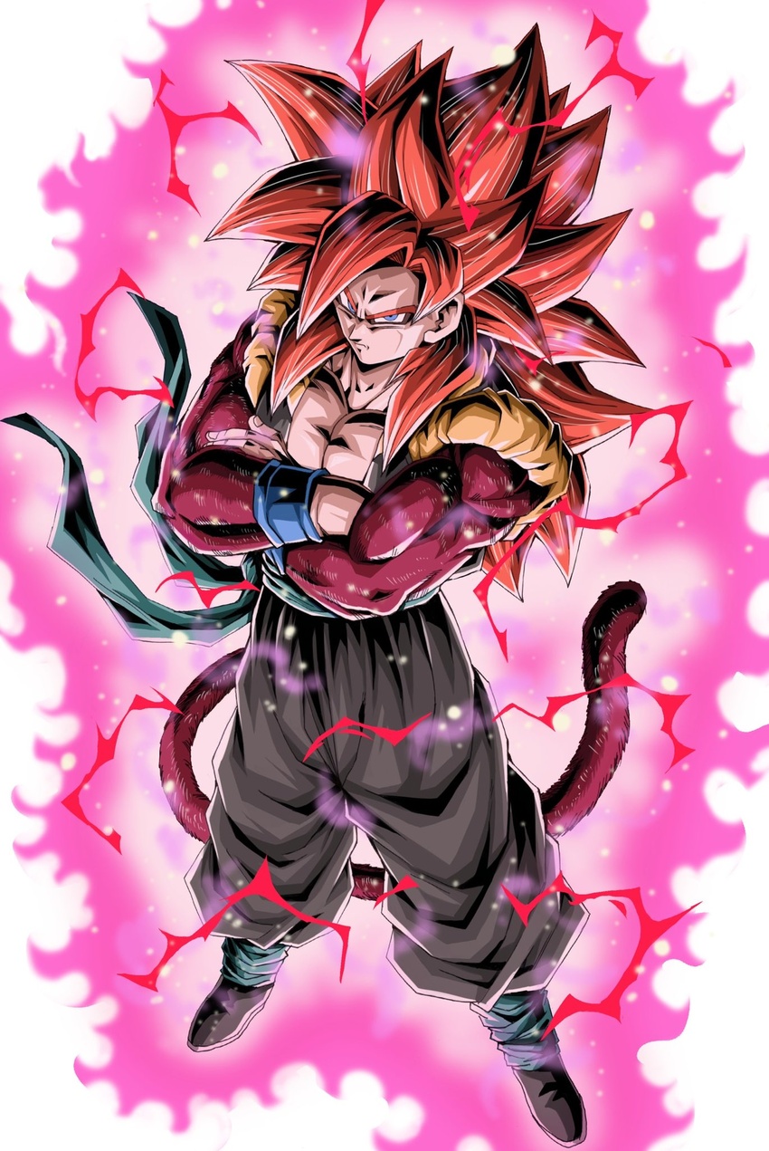 1boy aura bad_id bad_twitter_id black_legwear black_pants blue_eyes body_fur closed_mouth crossed_arms dragon_ball dragon_ball_heroes electricity energy full_body glowing gogeta gogeta_(xeno) highres long_hair looking_at_viewer looking_up male_focus metamoran_vest monkey_boy monkey_tail muscular muscular_male obi pants pectorals pink_fur red_fur red_hair sash solo spiked_hair super_full_power_saiyan_4_limit_breaker super_saiyan super_saiyan_4 tail wristband youngjijii