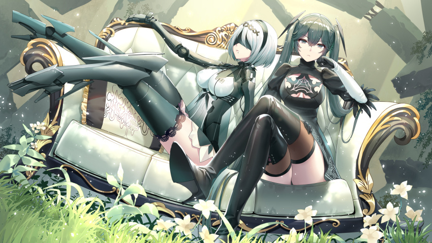 2b_(nier:automata) 2b_(nier:automata)_(cosplay) 2girls alternate_costume black_footwear black_hair black_legwear blindfold boots breasts cleavage closed_mouth clothing_cutout cosplay costume_switch covered_eyes dress eyelashes feather_trim gloves hair_ornament hairband high_heel_boots high_heels highres ishikawa_yui lips long_hair long_sleeves looking_at_viewer lucia:_dawn_(punishing:_gray_raven) lucia_(punishing:_gray_raven) lucia_(punishing:_gray_raven)_(cosplay) mole mole_under_mouth multiple_girls nier:automata nier_(series) prosthesis prosthetic_arm prosthetic_leg puffy_sleeves punishing:_gray_raven short_hair silveroid thigh_boots thighhighs twintails voice_actor_connection white_hair