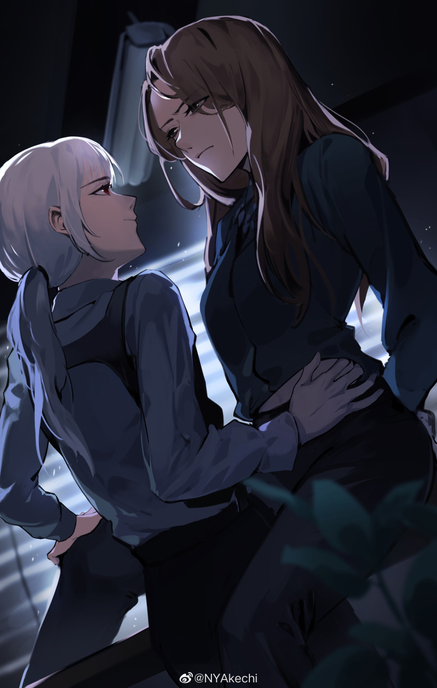 2girls absurdres akechi_(826988799) animification arms_behind_back black_pants black_shirt brown_eyes brown_hair chinese_commentary collared_shirt commentary_request eunseo_(wjsn) exy_(wjsn) grey_shirt hair_behind_ear hand_on_another's_waist highres k-pop medium_hair multiple_girls pants ponytail real_life red_eyes shirt sitting smile white_hair wjsn yuri