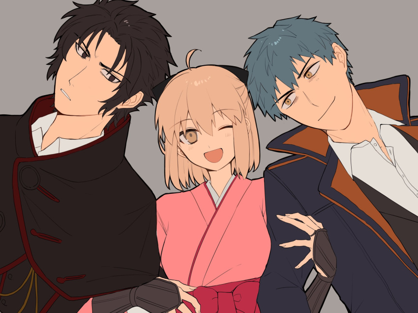 2boys ahoge bad_id bad_twitter_id black_bow black_capelet black_eyes black_hair blonde_hair blue_hair blue_jacket blush bow brown_eyes capelet closed_mouth collared_jacket collared_shirt commentary_request dress_shirt fate/grand_order fate_(series) female grey_background hair_between_eyes hairbow half_updo highres hijikata_toshizou_(fate) holding_another's_arm jacket japanese_clothes kimono koha-ace looking_at_another looking_at_viewer looking_to_the_side multiple_boys okita_souji_(fate) okita_souji_(koha-ace) one_eye_closed open_clothes open_jacket open_mouth pink_kimono saitou_hajime_(fate) sash shirt short_hair simple_background smile tongue upper_body usamimikurage white_shirt