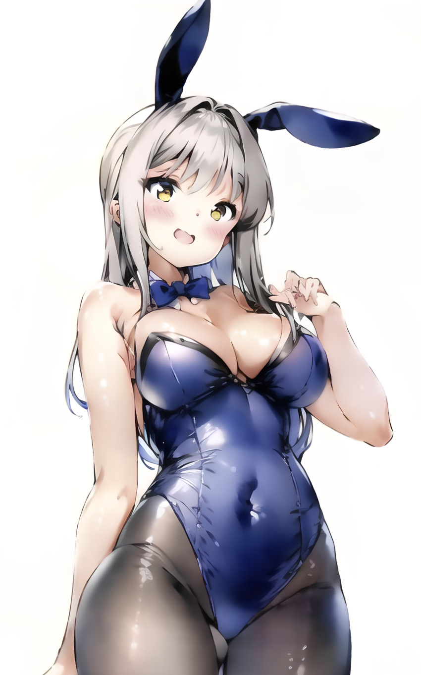 animal_ears anmi_(style) arm_behind_back bare_arms bare_shoulders blue_bow blue_bowtie blue_leotard blush bow bowtie breasts chinese_commentary cleavage commentary_request covered_navel cowboy_shot curled_fingers detached_collar dot_nose fake_animal_ears female grey_hair hand_up haruka_poi highleg highleg_leotard highres leotard long_hair looking_at_viewer medium_breasts open_mouth original pantyhose playboy_bunny shadow simple_background solo strapless strapless_leotard thighs white_background yellow_eyes