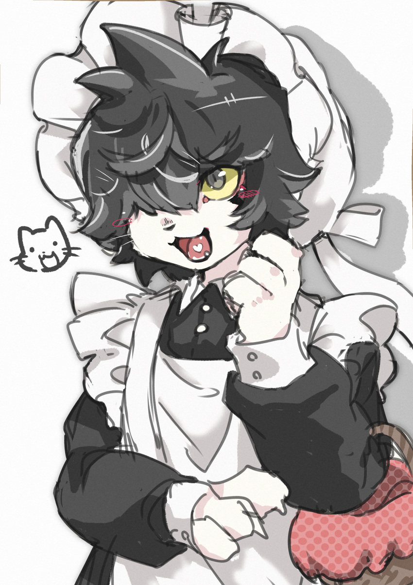 2022 :3 aak_(arknights) absurd_res alternative_fashion anthro ao_gravity apron arknights basket biped black_clothing black_dress black_hair blush blush_stickers claws clothed clothing colored container cute_fangs digital_drawing_(artwork) digital_media_(artwork) domestic_cat dress felid feline felis femboy finger_claws front_view fully_clothed fur grey_eyes hair hair_over_eye half-length_portrait heart_in_mouth heart_symbol hi_res holding_basket holding_container holding_object hypergryph j-fashion kemono lolita_(fashion) maid_apron maid_headdress maid_uniform male mammal monotone_body monotone_fur monotone_hair one_eye_obstructed open_:3 open_mouth open_smile pink_tongue portrait pupils shaded short_hair simple_background smile solo standing studio_montagne teeth tongue uniform whiskers white_apron white_background white_body white_claws white_clothing white_fur yellow_sclera