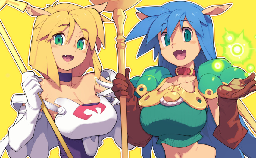 2girls animal_ears black_choker blonde_hair blue_hair breasts brown_gloves capelet choker cleavage commentary_request crop_top gloves green_eyes holding holding_staff large_breasts long_hair looking_at_viewer metata multiple_girls navel oerba_yun_fang open_mouth rpg_maker short_hair staff upper_body white_capelet white_gloves yellow_background