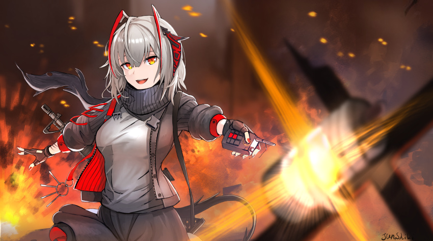 :d ahoge arknights artist_name black_gloves black_jacket black_scarf black_skirt breasts commentary controller cowboy_shot demon_tail detonator embers english_commentary explosion explosive female fingerless_gloves fire gloves grey_hair grey_shirt hair_between_eyes highres holding horns jacket junshiki looking_at_viewer medium_breasts miniskirt mk_18_carbine multicolored_hair nail_polish open_clothes open_jacket open_mouth orange_eyes outstretched_arms red_hair red_nails remote_control scarf shirt short_hair signature skirt smile solo streaked_hair tail two-tone_hair w_(arknights)