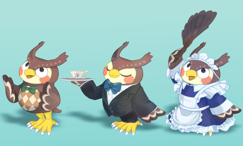 1boy alternate_costume animal_crossing bird black_eyes blathers_(animal_crossing) blue_background blue_bow blush_stickers bow bowtie butler closed_eyes cup duster enmaided feather_duster formal furry green_bow highres holding holding_tray maid maid_headdress multiple_views neocerapaima open_mouth owl suit teacup tray