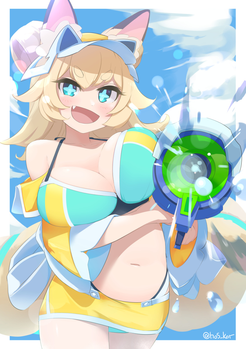 +_+ :d animal_ear_fluff animal_ears aqua_eyes bikini blonde_hair blush breasts cleavage female flipped_hair fox_ears fox_girl fox_tail highres hikimayu holding holding_water_gun hos_kor inaho_(world_flipper) jacket large_breasts navel oerba_yun_fang open_clothes open_jacket smile solo swimsuit tail twitter_username visor_cap water water_gun world_flipper