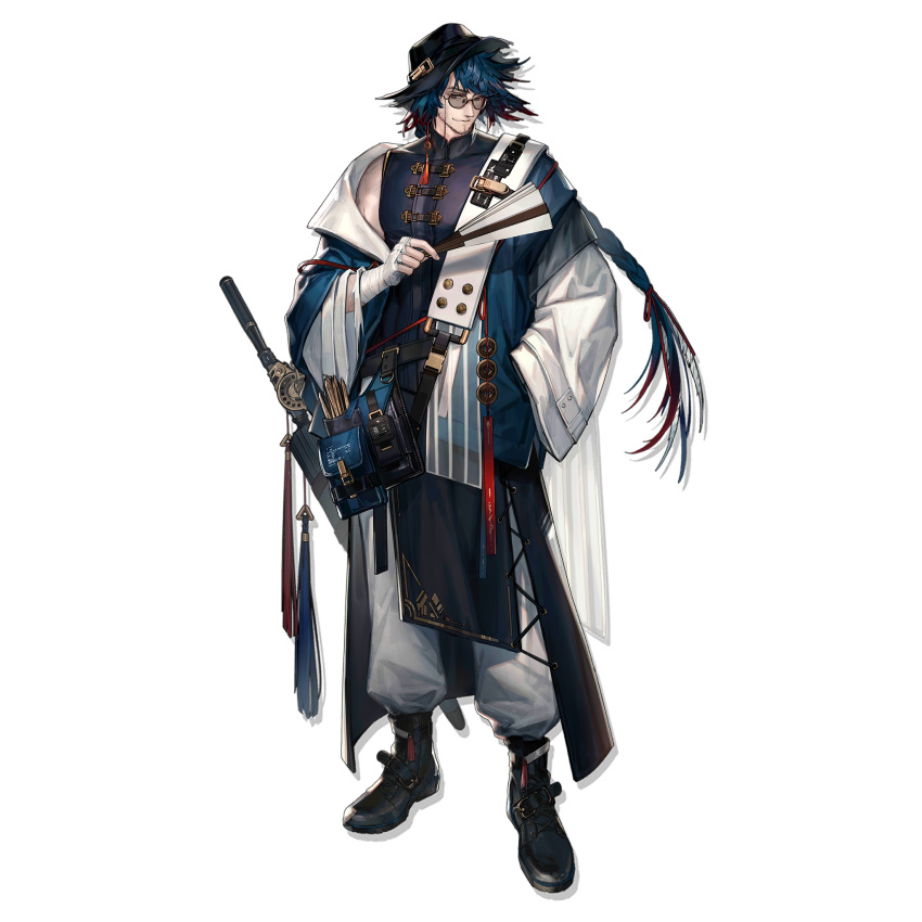 1boy arknights bandaged_arm bandages black_footwear black_hat black_tunic blue_hair blue_jacket boots eyewear_strap fedora full_body glasses hat highres jacket long_hair long_sleeves looking_at_viewer low_ponytail male_focus mr._nothing_(arknights) official_art open_clothes open_jacket pants pouch skade smile solo standing tachi-e transparent_background tunic white_pants wide_sleeves