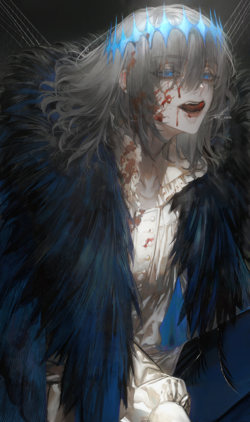 1boy au_(d_elete) blood blood_on_clothes blood_on_face blue_eyes blue_pants cloak collared_shirt commentary cowboy_shot crown eyes_visible_through_hair fate/grand_order fate_(series) grey_hair hair_between_eyes highres long_bangs long_hair long_sleeves looking_at_viewer male_focus md5_mismatch oberon_(fate) oberon_(third_ascension)_(fate) pants resolution_mismatch shirt sitting solo source_larger spoilers tongue tongue_out twitter_username white_shirt