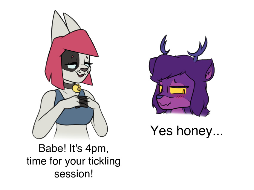 4:3 absurd_res anthro bell bell_collar blush blush_lines canid canine clothing collar deer dick_flattening duo english_text female flustered fur hair haitbe hatie hi_res humanoid interlocked_fingers male mammal meme moczi purple_body purple_fur purple_hair red_hair shirt smug tank_top text tickle_fetish topwear white_body white_fur yellow_eyes